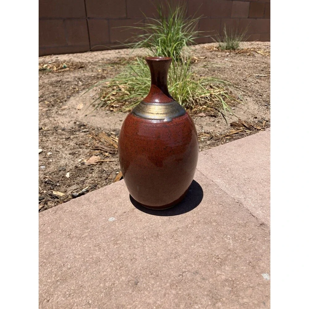 Signed Studio Pottery Bar BT’14 Stoneware Red Brown Glaze Handmade 9”